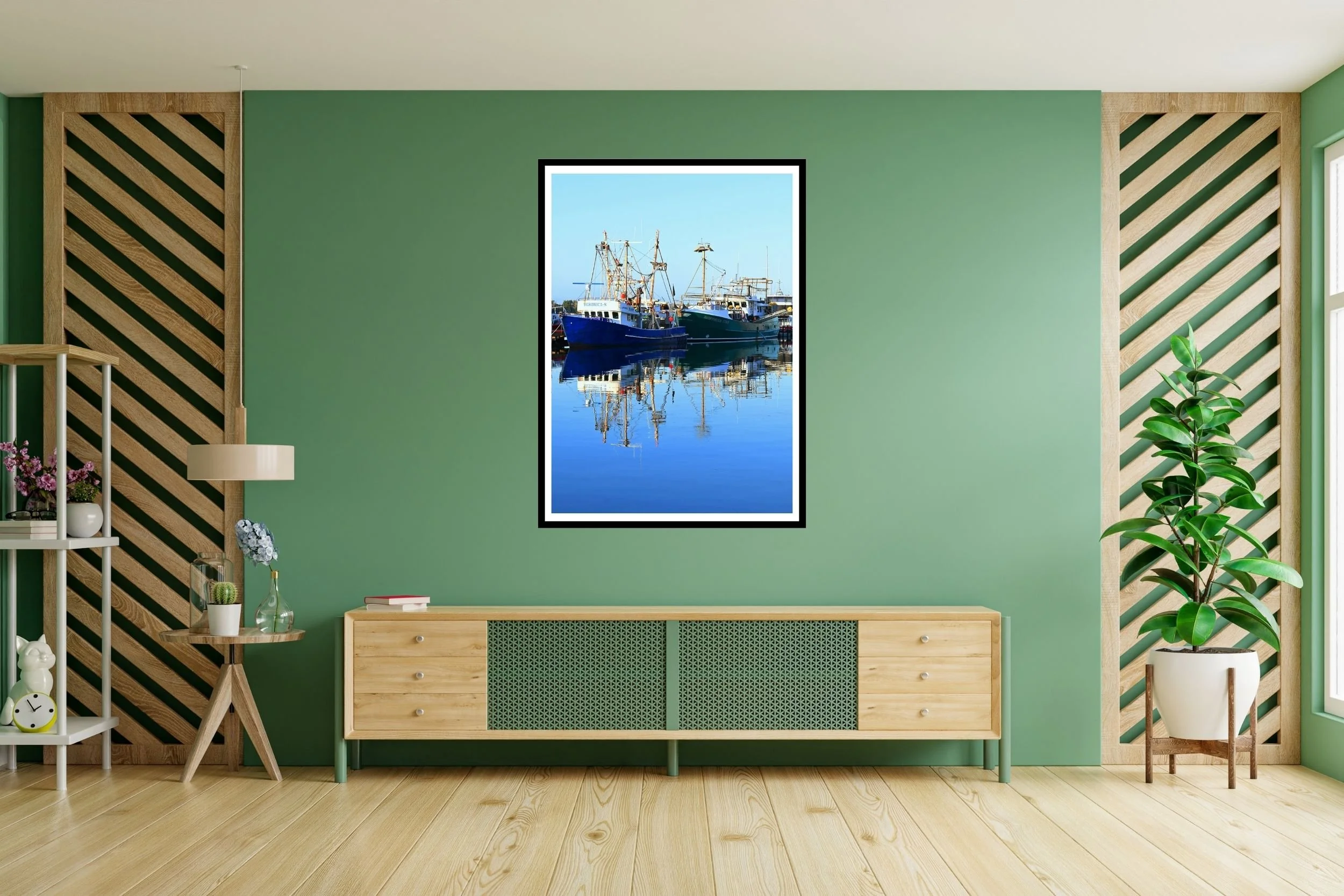A serene sunlit harbour scene featuring fishing boats and mirror-like reflections on calm water. at the port of Lakes Entrance, Victoria Australia
