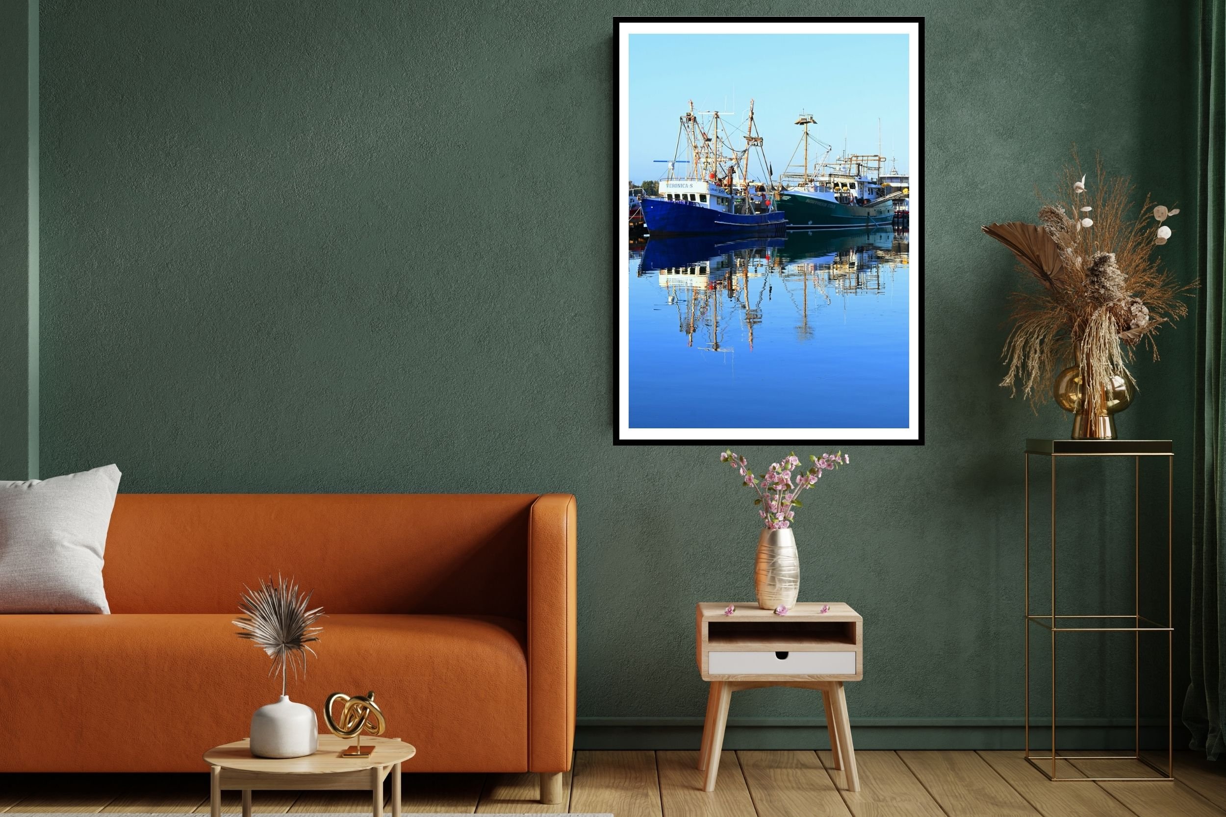 A serene sunlit harbour scene featuring fishing boats and mirror-like reflections on calm water. at the port of Lakes Entrance, Victoria Australia