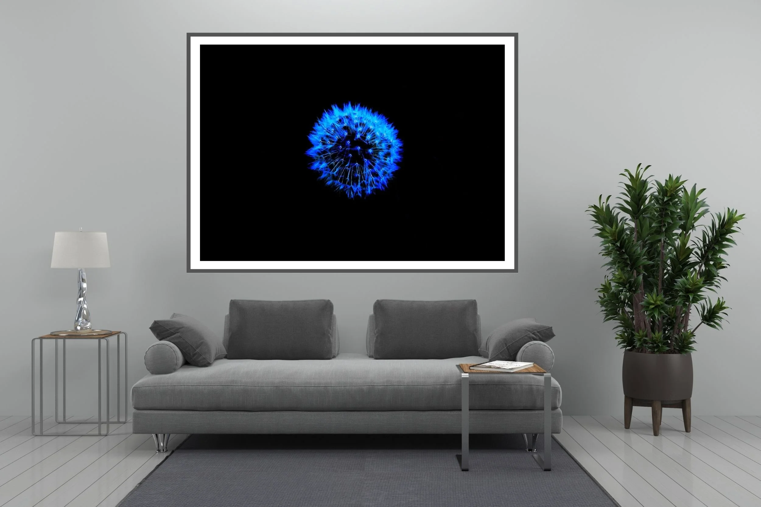 An artistic rendering of a photograph of a dandelion, blue on a black background - ideal wall art for home or office decor.