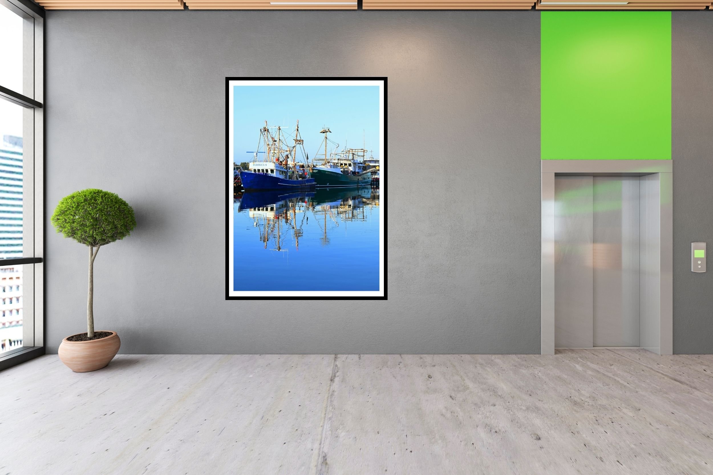 A serene sunlit harbour scene featuring fishing boats and mirror-like reflections on calm water. at the port of Lakes Entrance, Victoria Australia