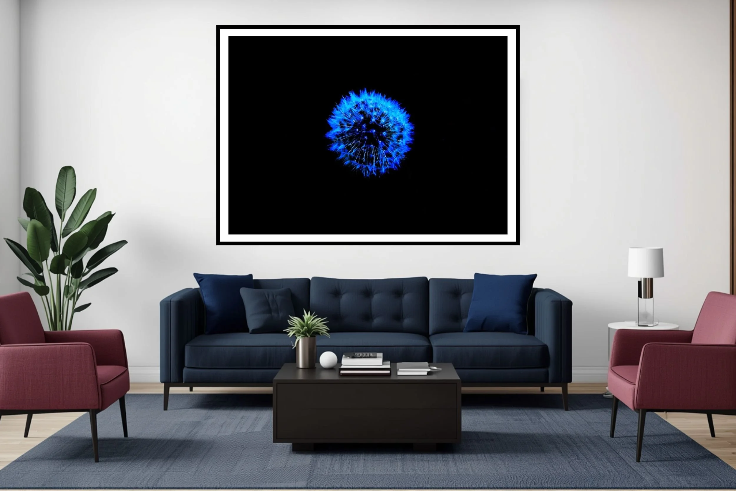An artistic rendering of a photograph of a dandelion, blue on a black background - ideal wall art for home or office decor.