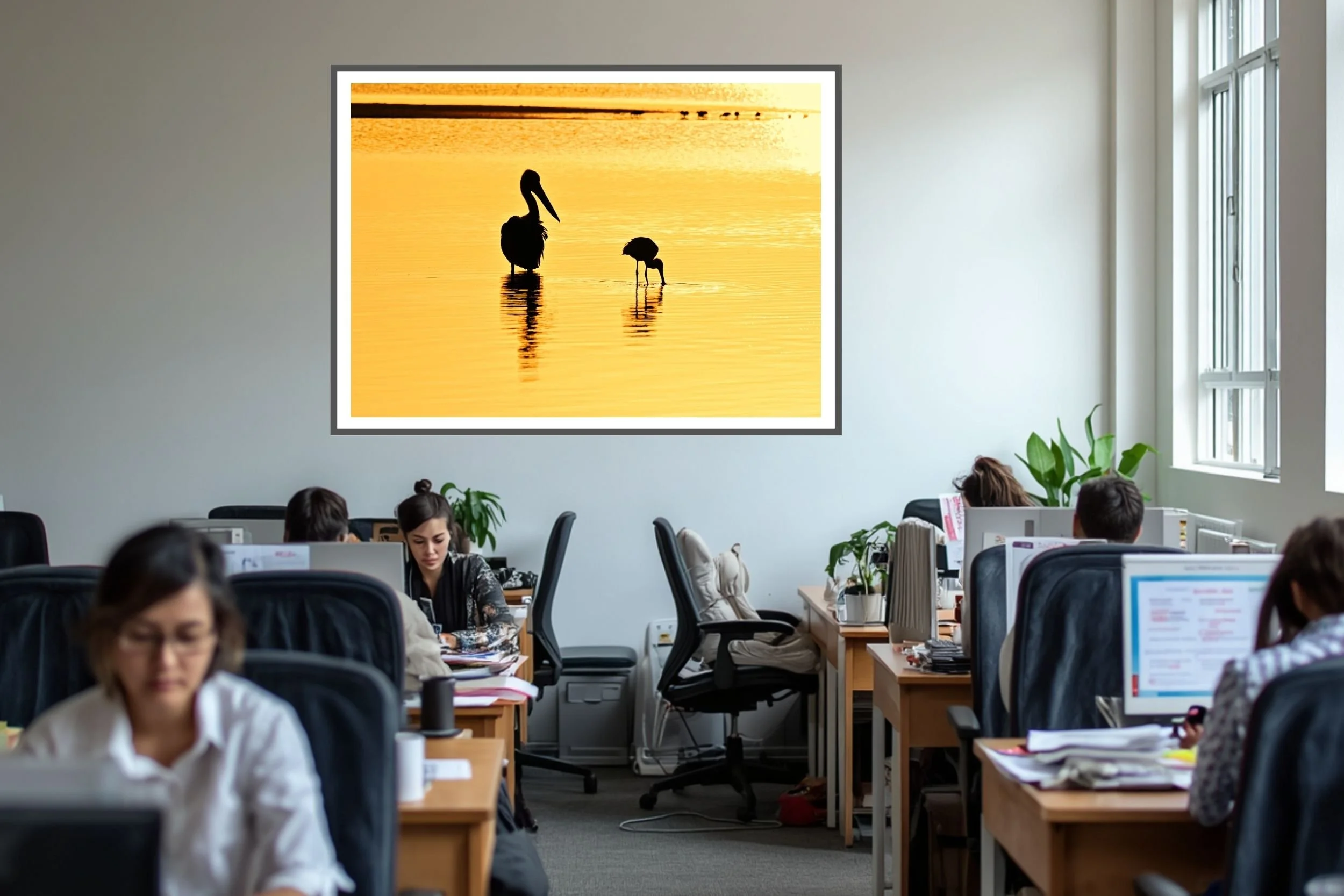 Two Australian native birds (pelican & spoonbill) silhouetted against the lake waters in the morning golden-hour at Lake Tyers, Victoria Australia.