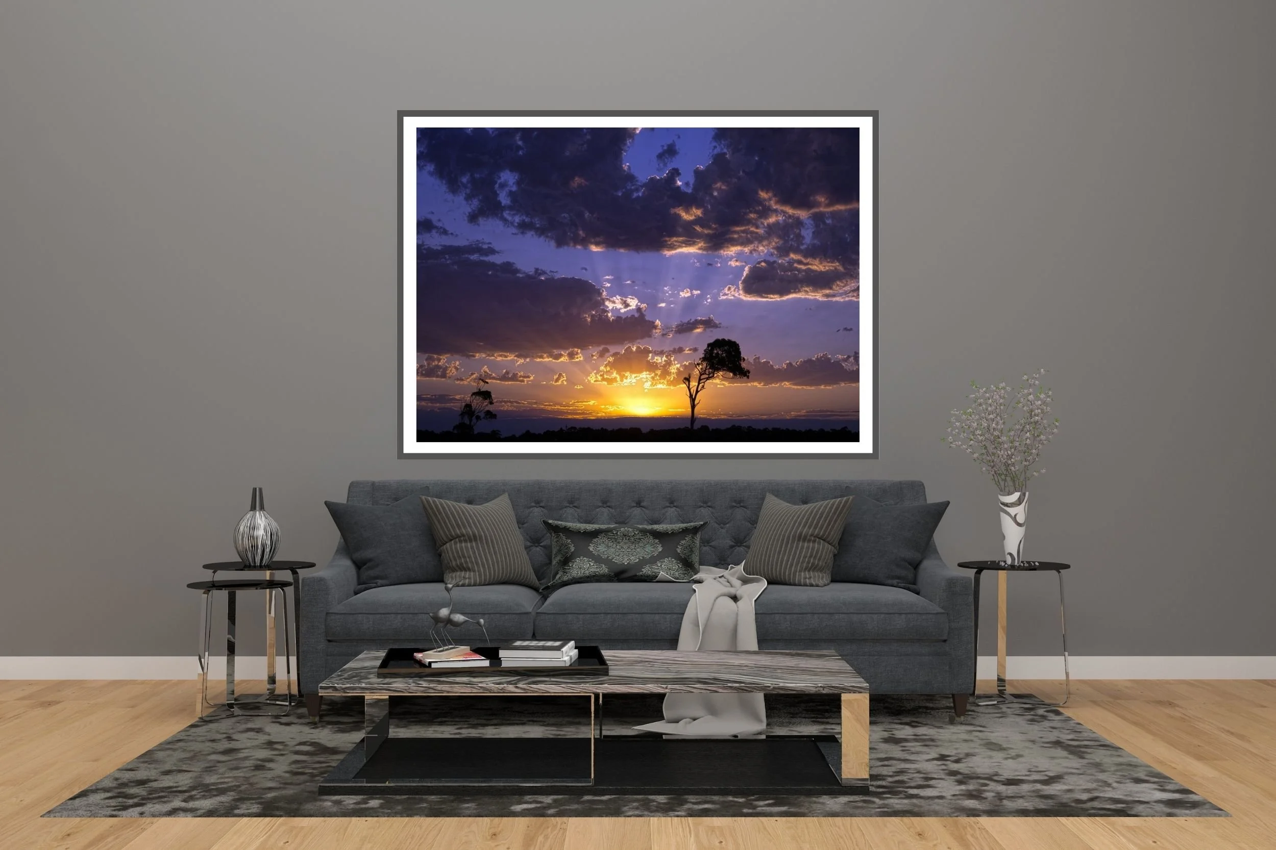 A beautiful country sunset scene with the intense sunset lighting up the clouds. at Lake Tyers, Victoria Australia.