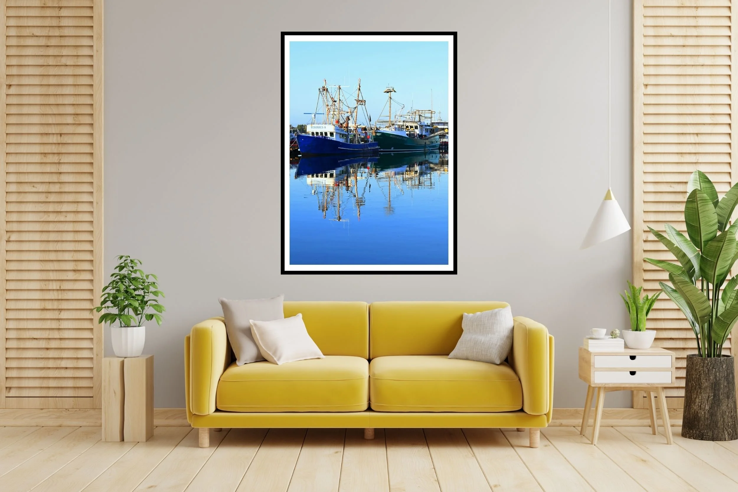 A serene sunlit harbour scene featuring fishing boats and mirror-like reflections on calm water. at the port of Lakes Entrance, Victoria Australia