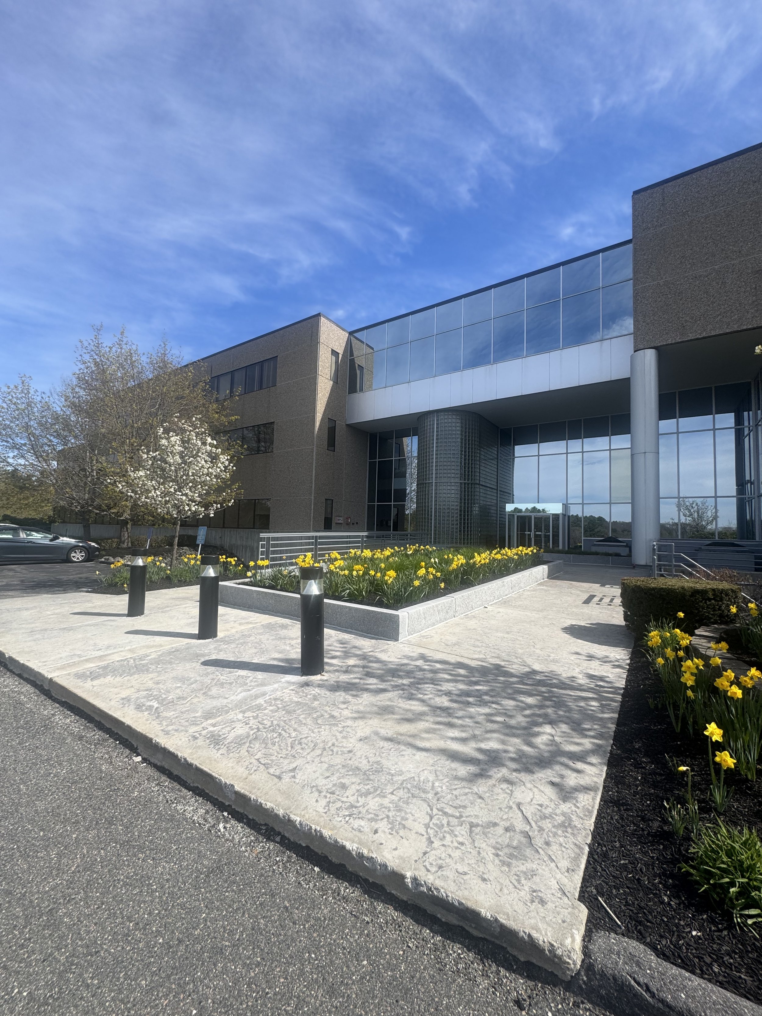 Modern building with glass windows and gray walls, yellow flowers in a landscaped area, small tree with white blossoms, parking lot with parked cars, clear blue sky with scattered clouds.