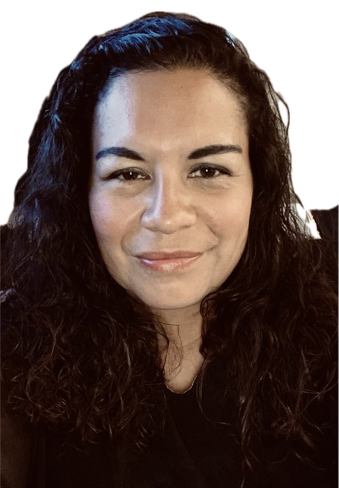 Close-up of a woman with long, curly black hair, medium skin tone, and wearing a black top, smiling at the camera.