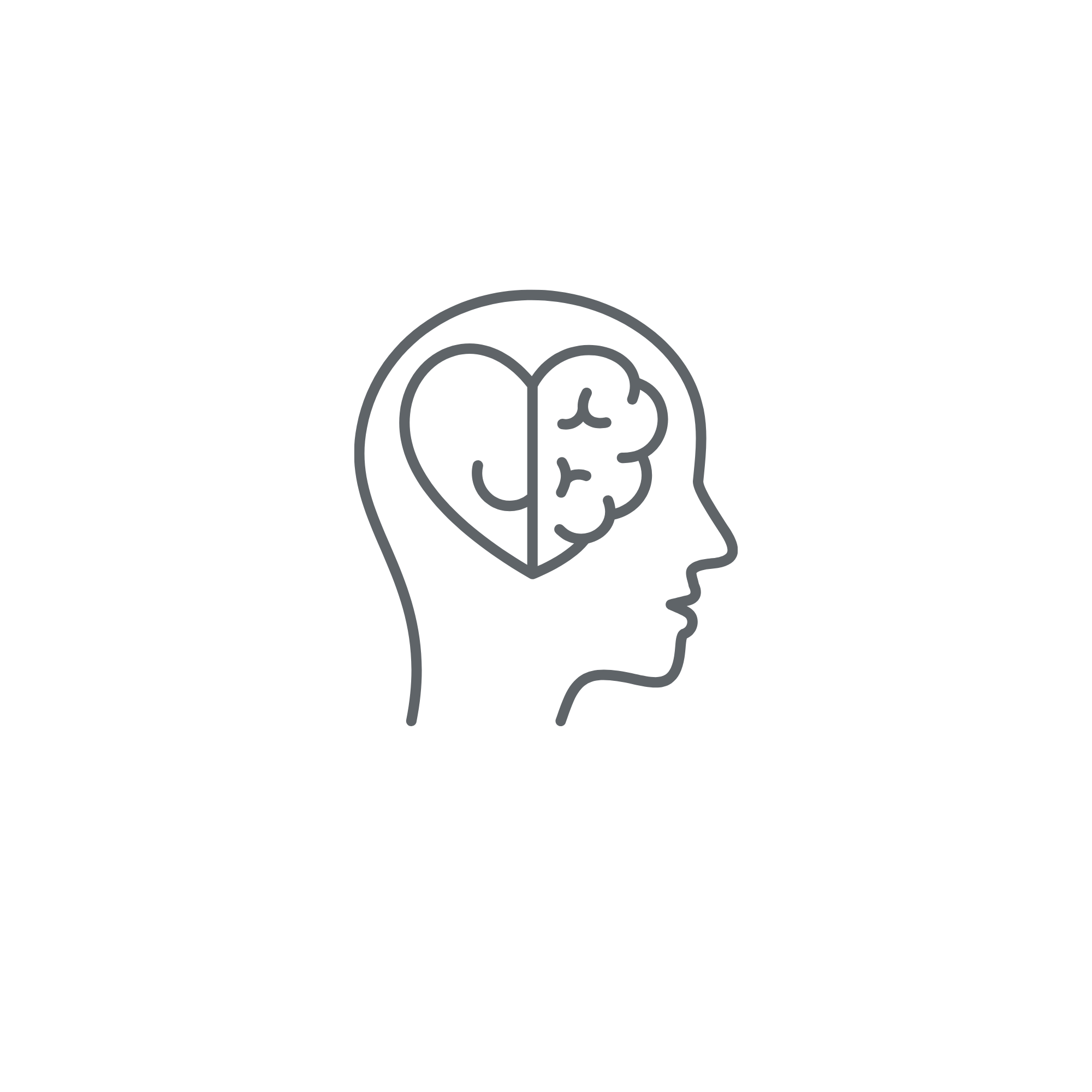 Line drawing of a human head with a brain inside, connected to a cloud via a cable, symbolizing mental connection or cloud-based brain networking.