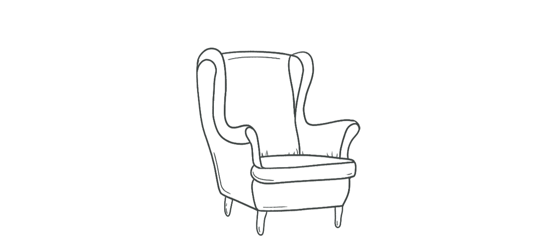 A line drawing of an armchair with a high back, curved arms, and four angled legs.