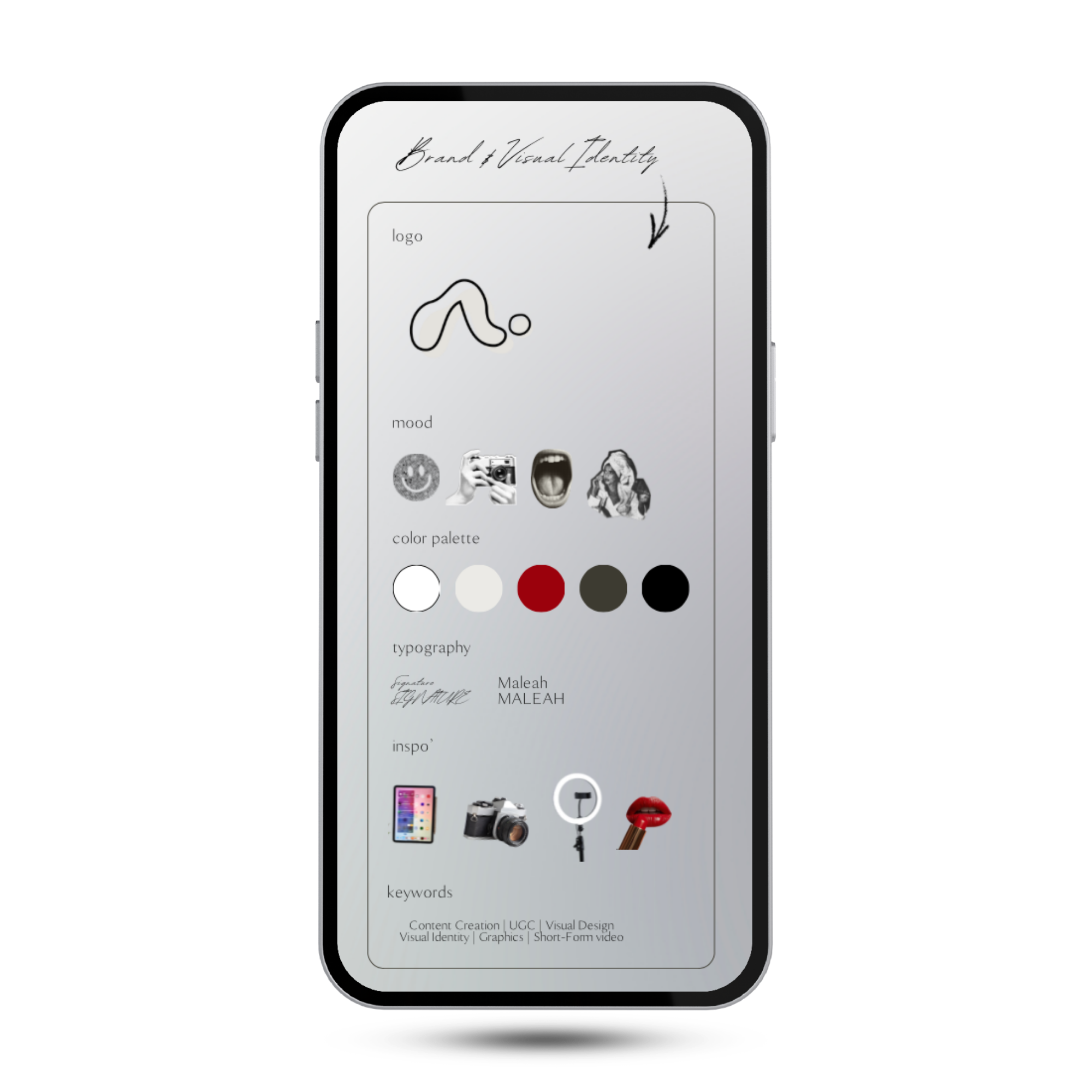 Smartphone screen displaying design notes and mood board with sketches, colors, and keywords related to visual identity and graphic design.