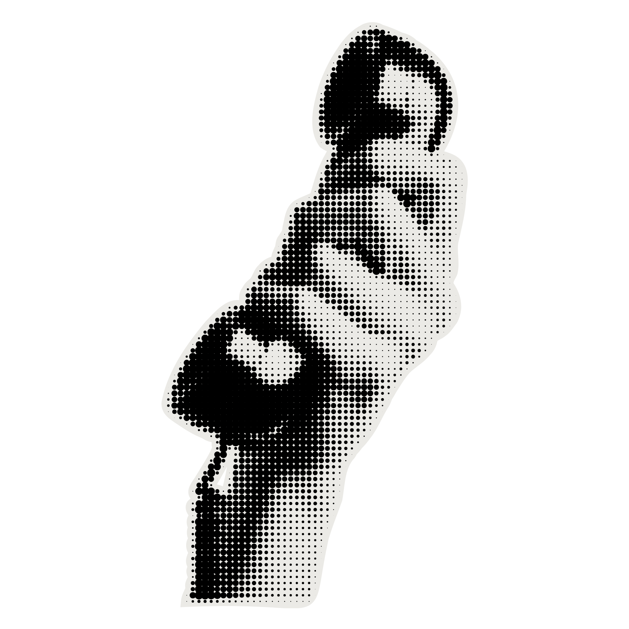 A silhouette of a woman with a bob haircut, rendered in black and white halftone dots.