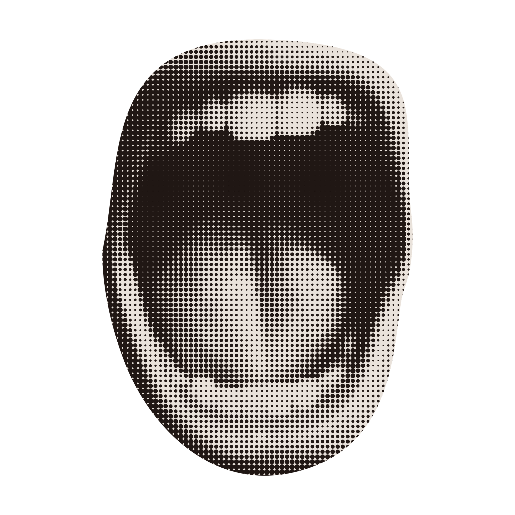 Black and white halftone image of a face with glasses, a beard, and a mustache, partially visible on a black background.