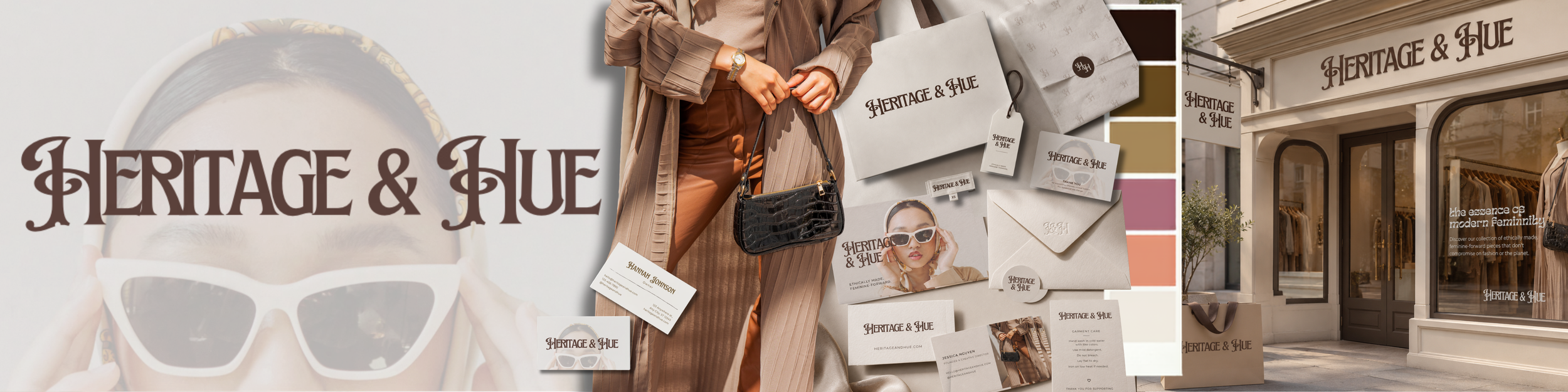 Laptop screen displaying an online fashion store called Heritage & Hue, featuring a woman in beige and brown attire with text about modern femininity and a 'Shop the Collection' button.