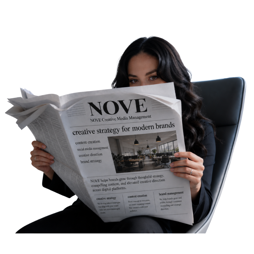 Woman with long dark hair sitting in a black chair, reading a newspaper titled "NOVE" with the headline about modern brand strategies, in a well-lit modern office.