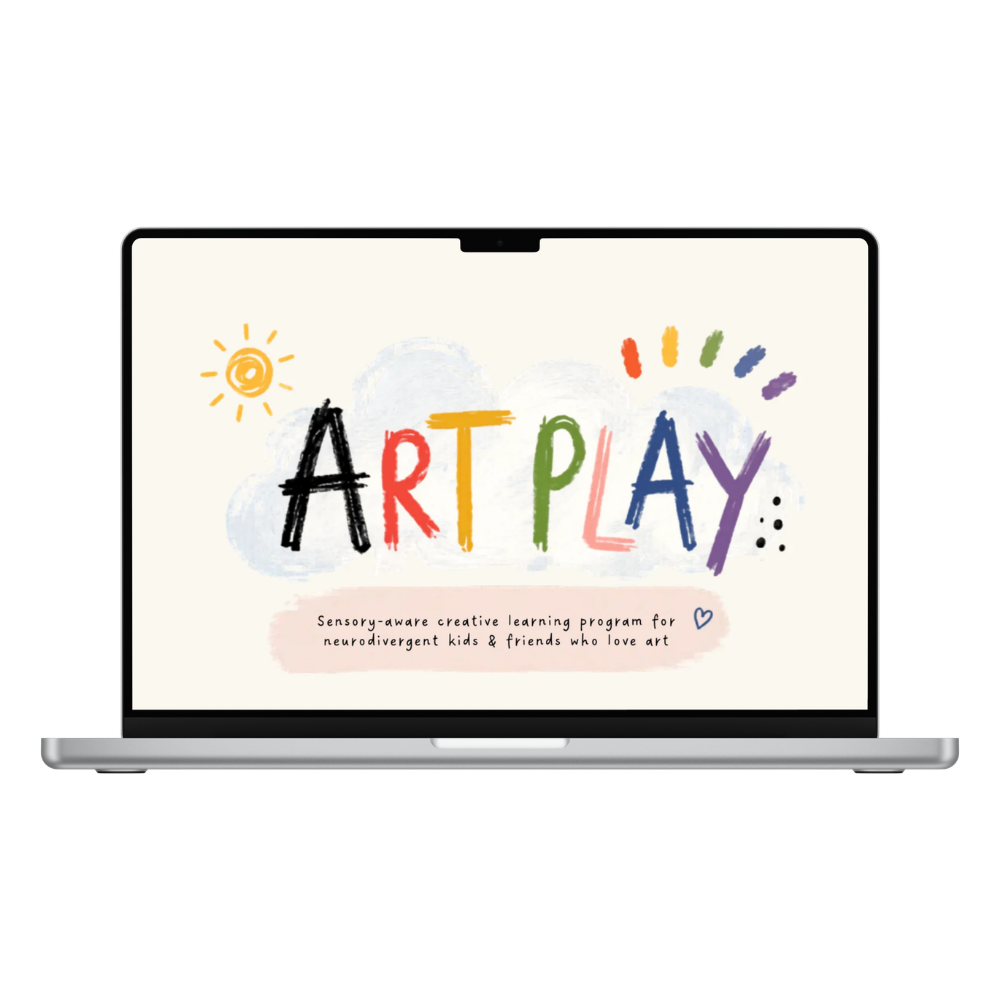 Laptop screen displaying a colorful, hand-drawn art-themed logo that reads 'ART PLAY' with a sun, rainbow colors, and playful elements. Below the logo is a description of a sensory-aware creative learning program for neurodivergent kids and friends who love art.