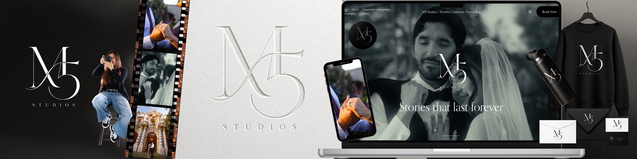 Laptop displaying a black and white wedding photo with a groom and bride, with text "Stories that last forever" and logo "M5 Studios"