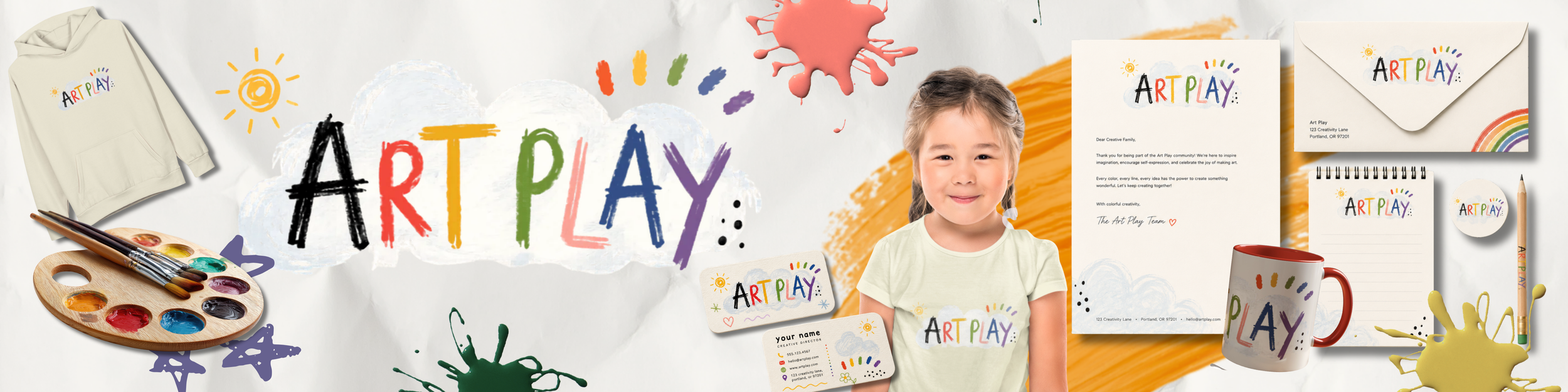 Laptop screen displaying a colorful art-inspired logo for 'ART PLAY,' described as a sensory-aware creative learning program for neurodivergent kids and friends who love art.
