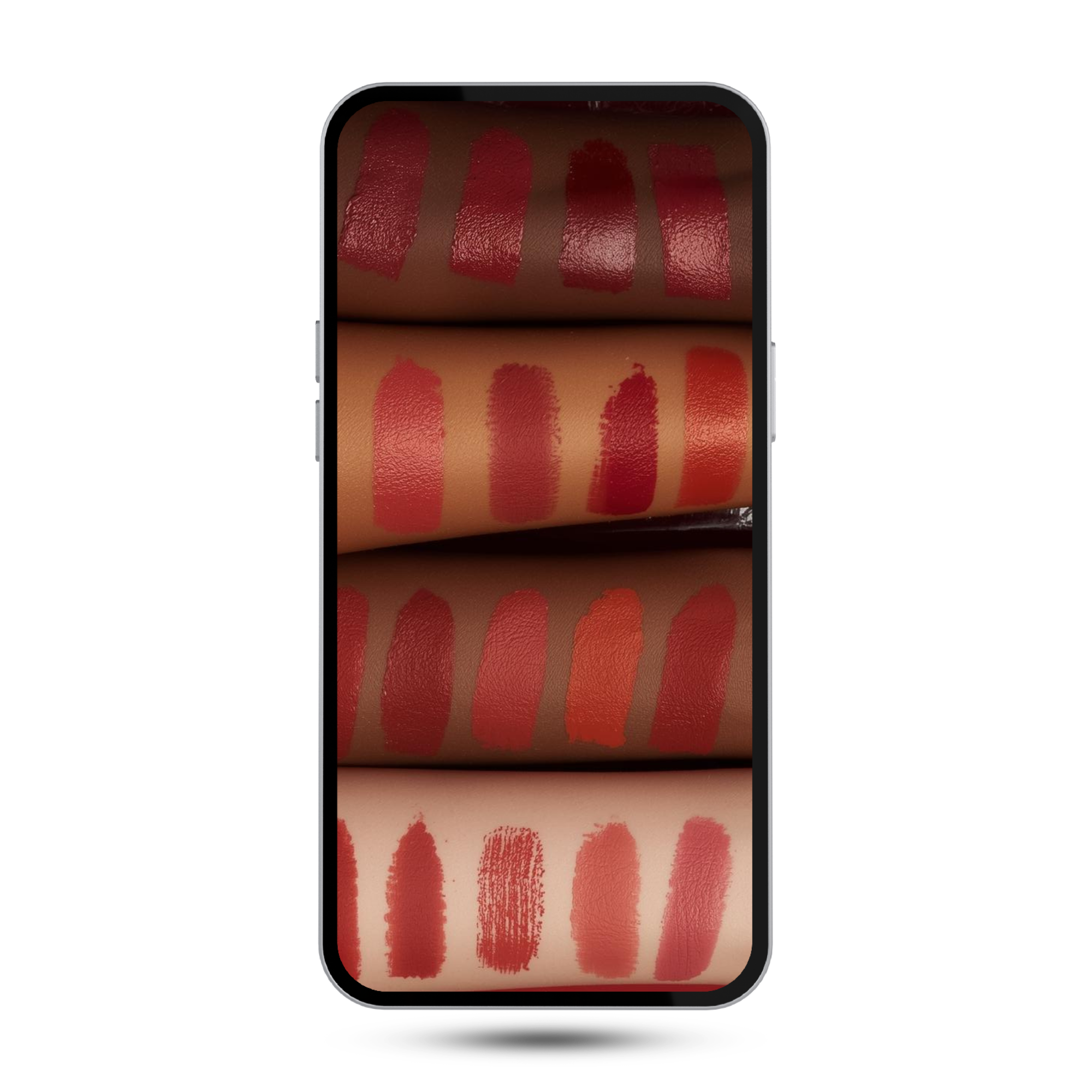 Close-up of a smartphone screen displaying various shades of red lipstick swatches on a person's arm.