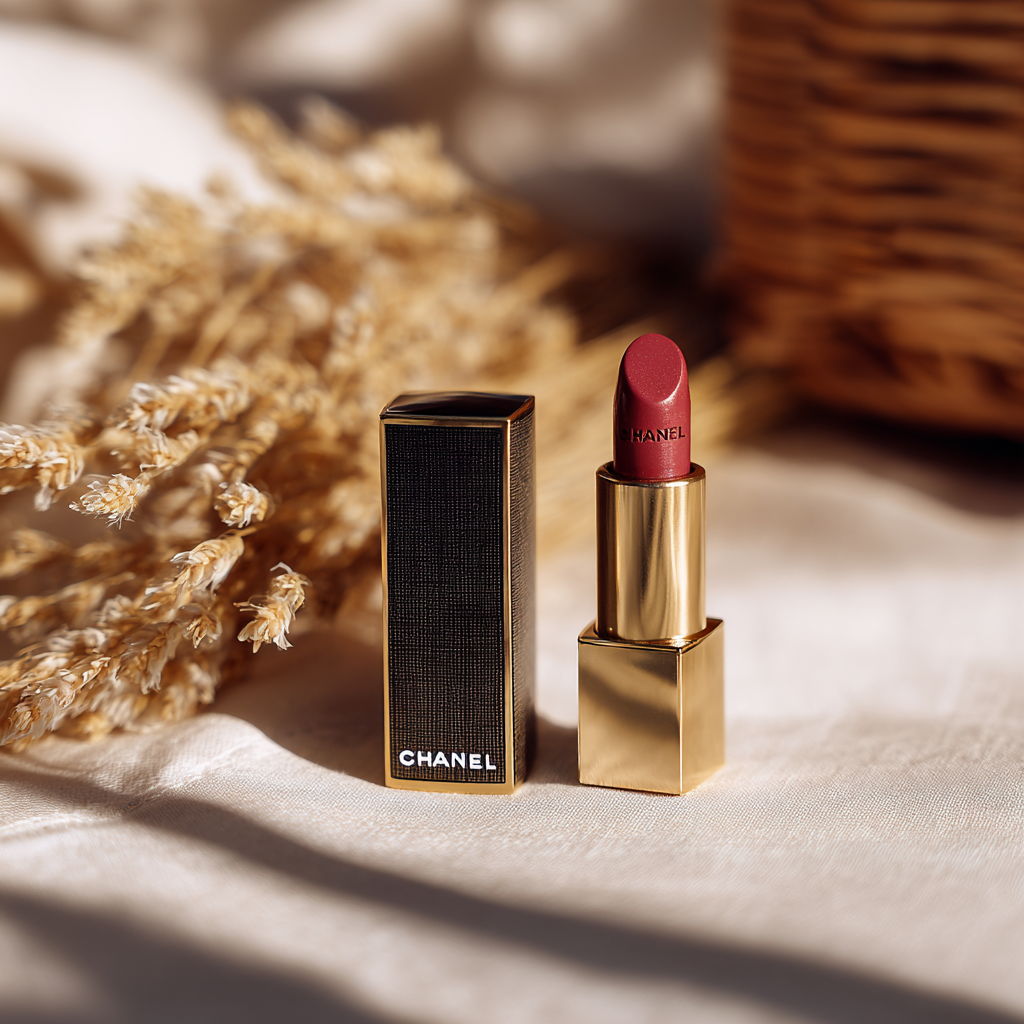 A Chanel lipstick with its cap next to it, placed on a soft fabric surface, with dried flowers and a woven basket in the background.