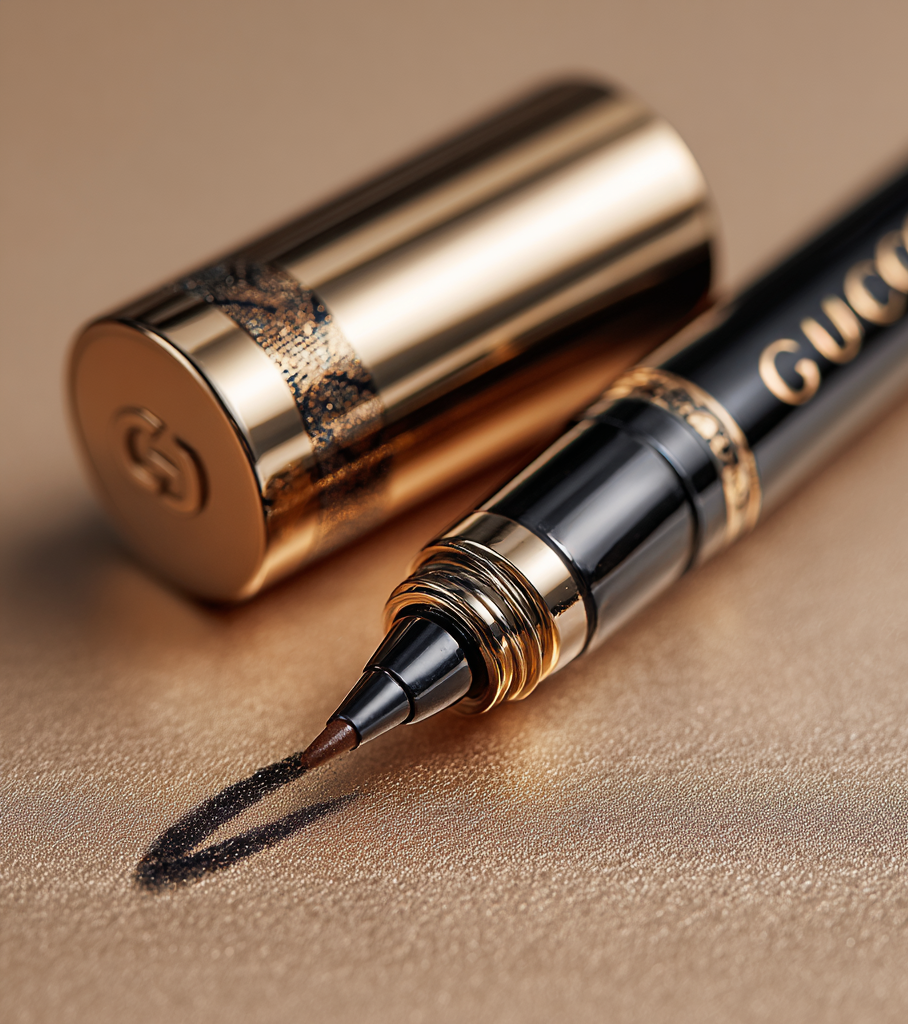 A black and gold Gucci eyeliner pen with a gold cap, lying on a gold surface, with the tip drawing a black line.