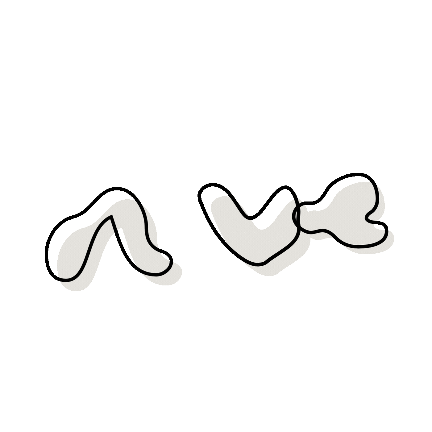 Line drawing of three abstract, irregular shapes on a light gray background. Each shape has a black outline and a light gray fill with a shadow effect.