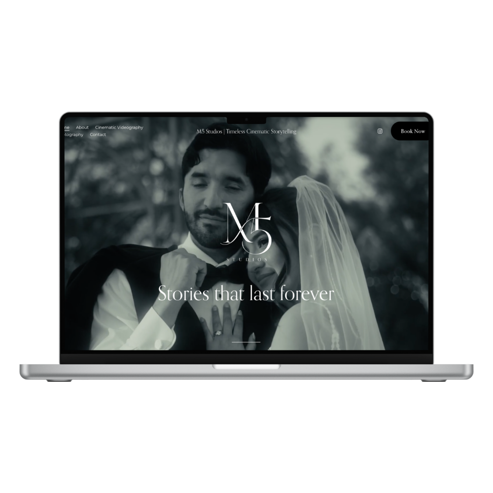 Laptop displaying a black and white wedding photograph with the text 'Stories that last forever' and a logo for M5 Studios.