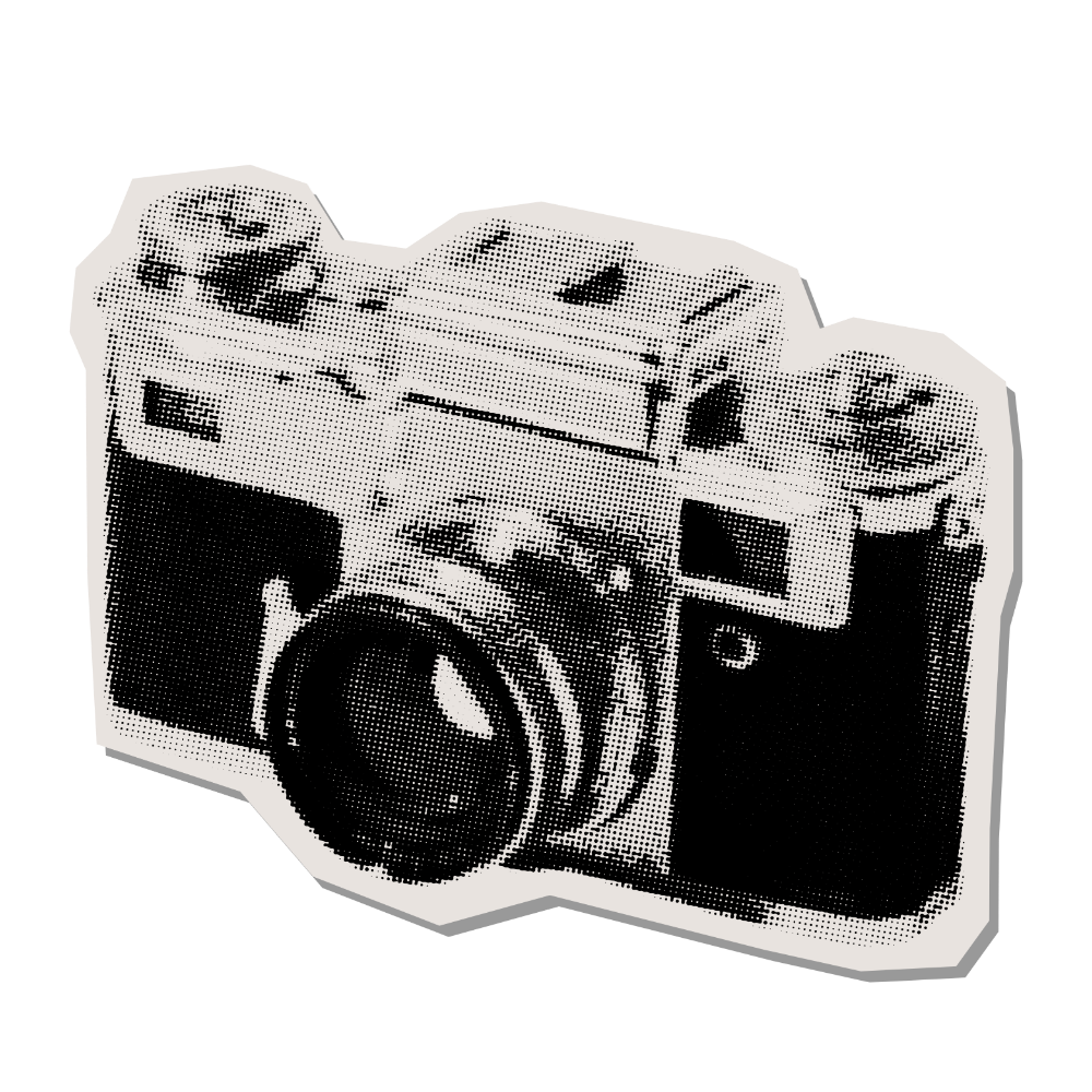 A pixelated, black and white illustration of a vintage camera with a large lens and viewfinder.