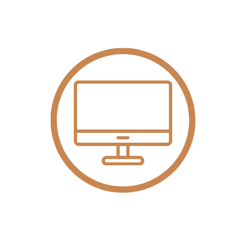 Icon of a desktop computer with a circular brown background.