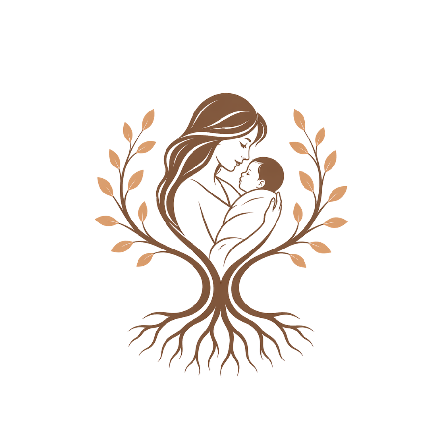 Line art illustration of a mother holding her baby, with roots and branches forming a heart shape around them.