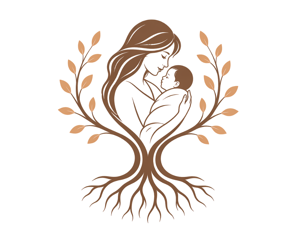 Illustration of a woman holding a baby, with tree branches and roots surrounding them, symbolizing growth and nurturing.