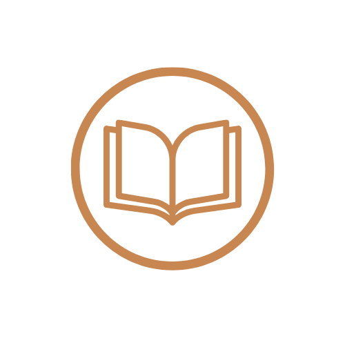 Icon of an open book inside a brown circle.