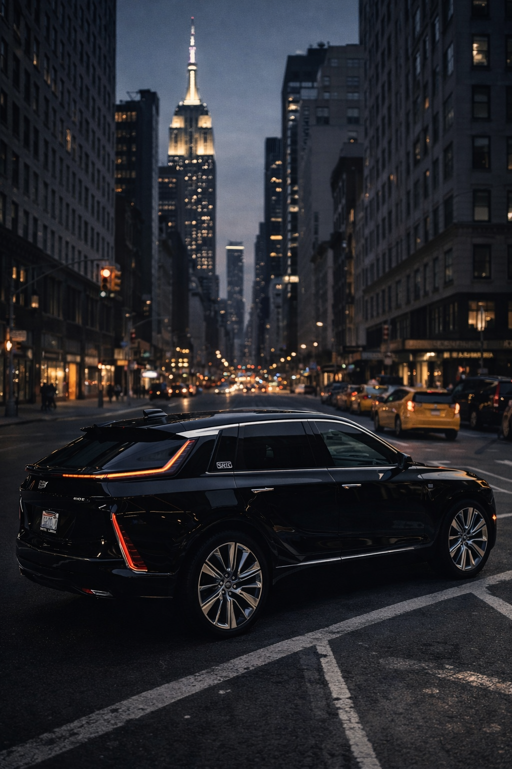 A black luxury SUV parked on a city street at dusk with tall buildings and the Empire State Building illuminated in the background.