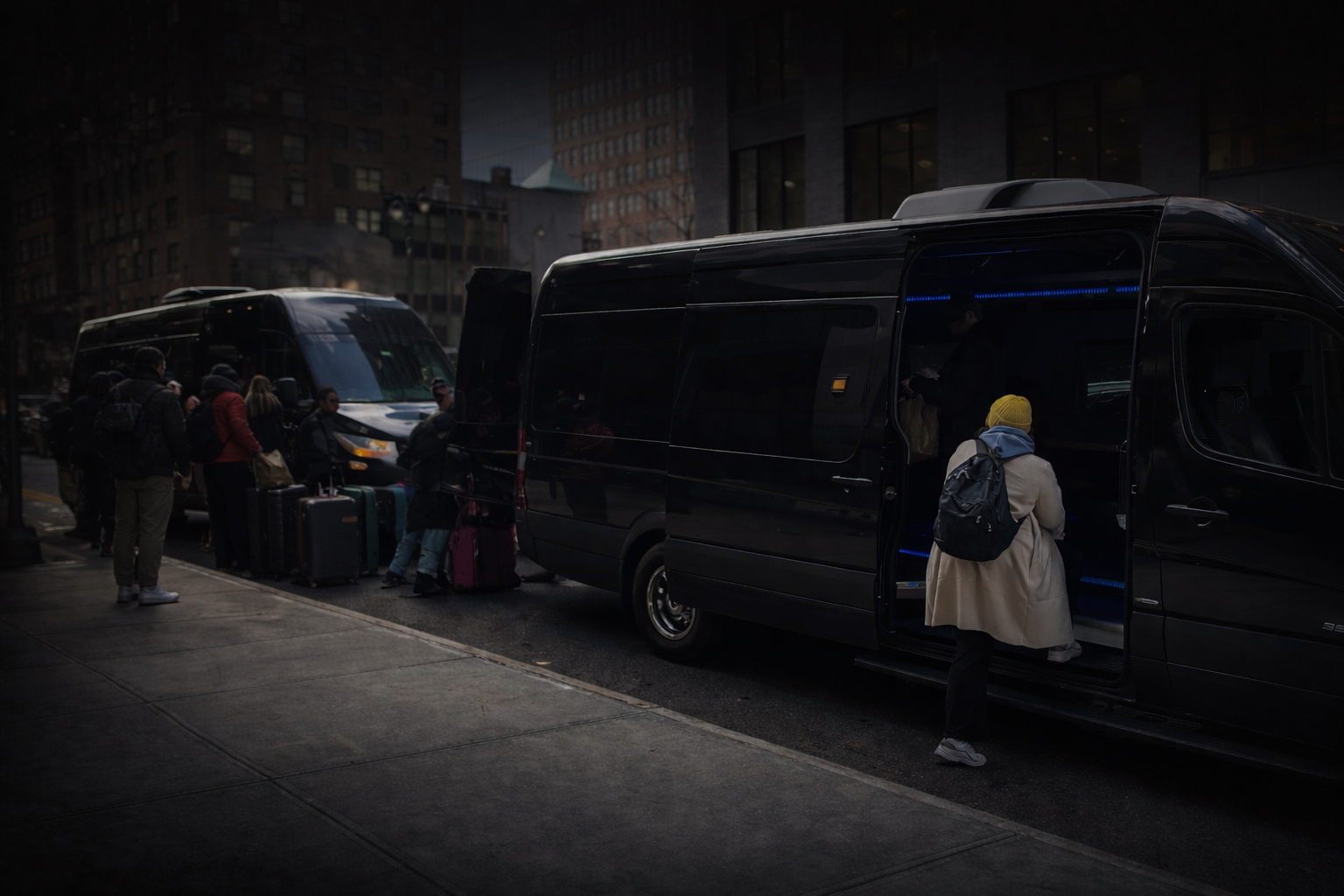People lined up with luggage preparing to board black vans on a city street, surrounded by tall buildings.