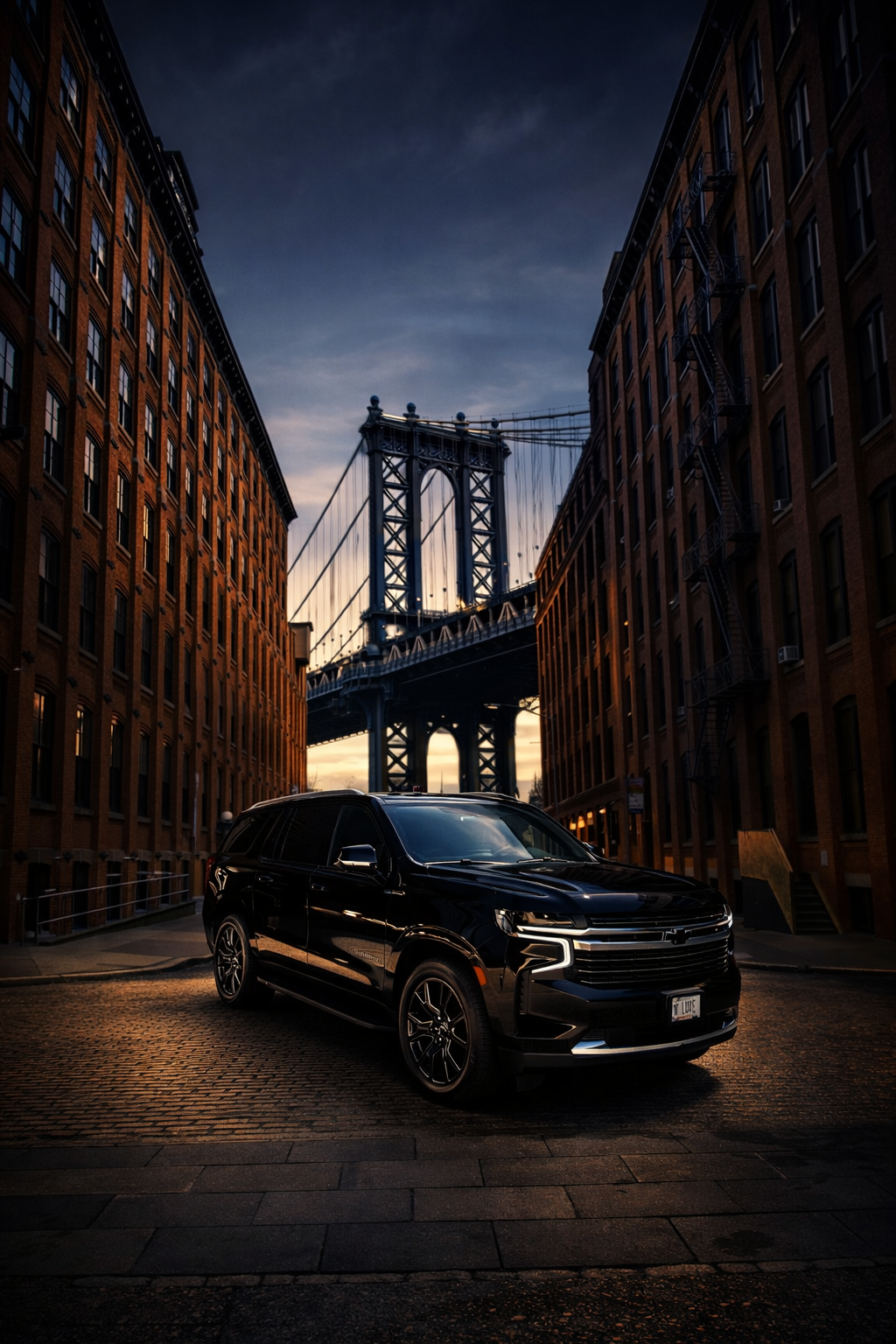 A black SUV parked on a cobblestone street between brick buildings with the Manhattan Bridge in the background at sunset.