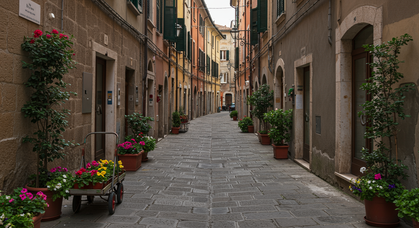 Empty narrow cobblestone alleyway with potted plants and flowers along the sides, multi-colored buildings with green shutters, and a few parked cars in the distance.