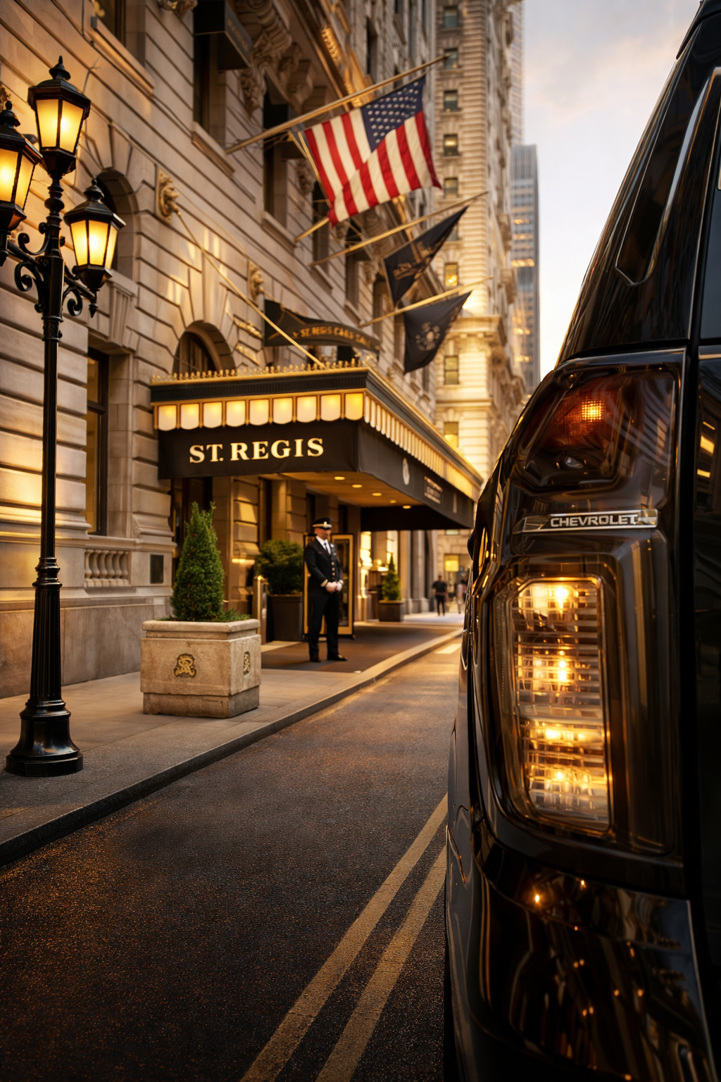 The entrance of the St. Regis hotel on a city street at sunset, with American flags and a uniformed doorman standing outside.
