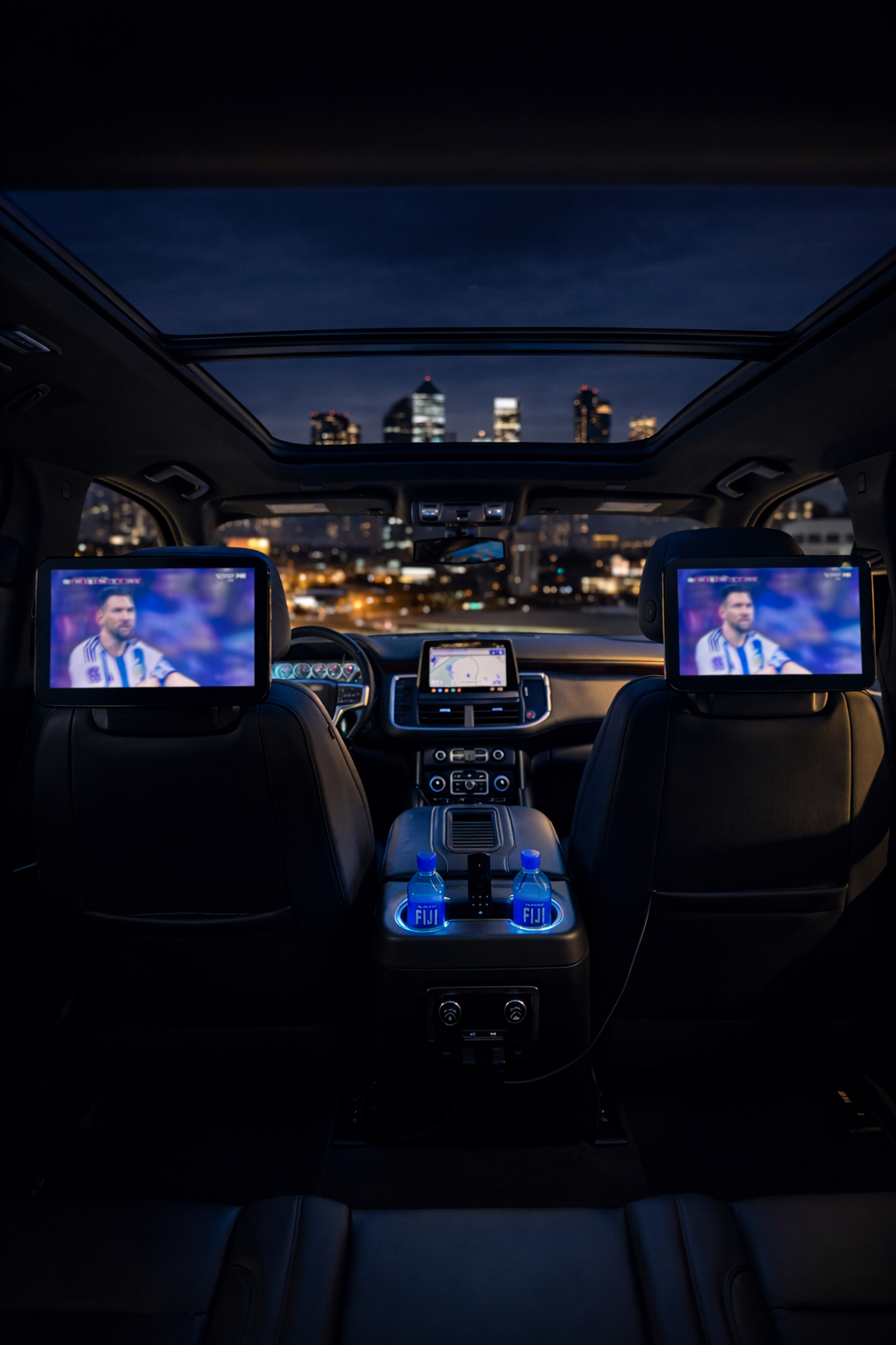 Interior of a luxury car at night with city skyline view through the sunroof, two screens showing a soccer match, and water bottles labeled 'Fiji' in the center console.