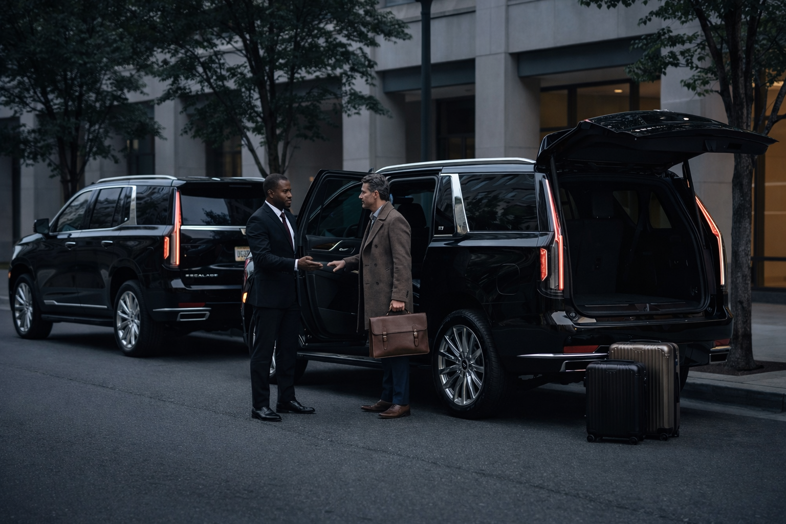 Two men in business attire exchanging a handshake next to a black SUV with open doors, parked on a city street during evening, with a third black vehicle and suitcases nearby.