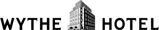 Illustration of a tall hotel building with the words 'WYTHE HOTEL' on either side in white on a black background.