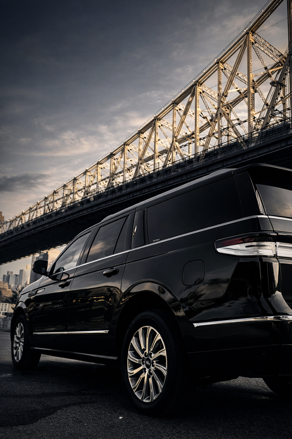 A black SUV parked under a bridge during sunset with city buildings in the background.