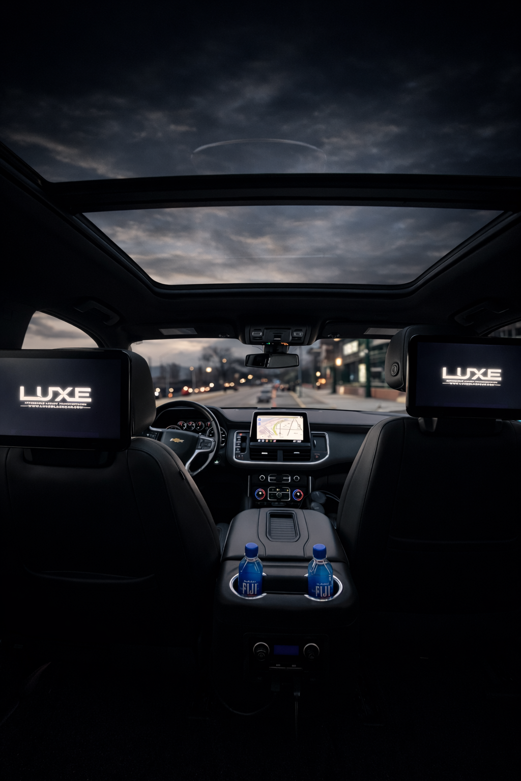 Interior of a modern car with a panoramic sunroof, showing the dashboard and infotainment system, two bottled waters in the center console, and two screens on the headrests with the word 'LUXE' displayed.