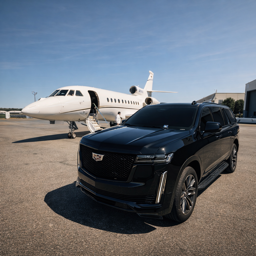 A black Cadillac SUV parked on tarmac in front of a private jet with stairs, at an airport or private airstrip.