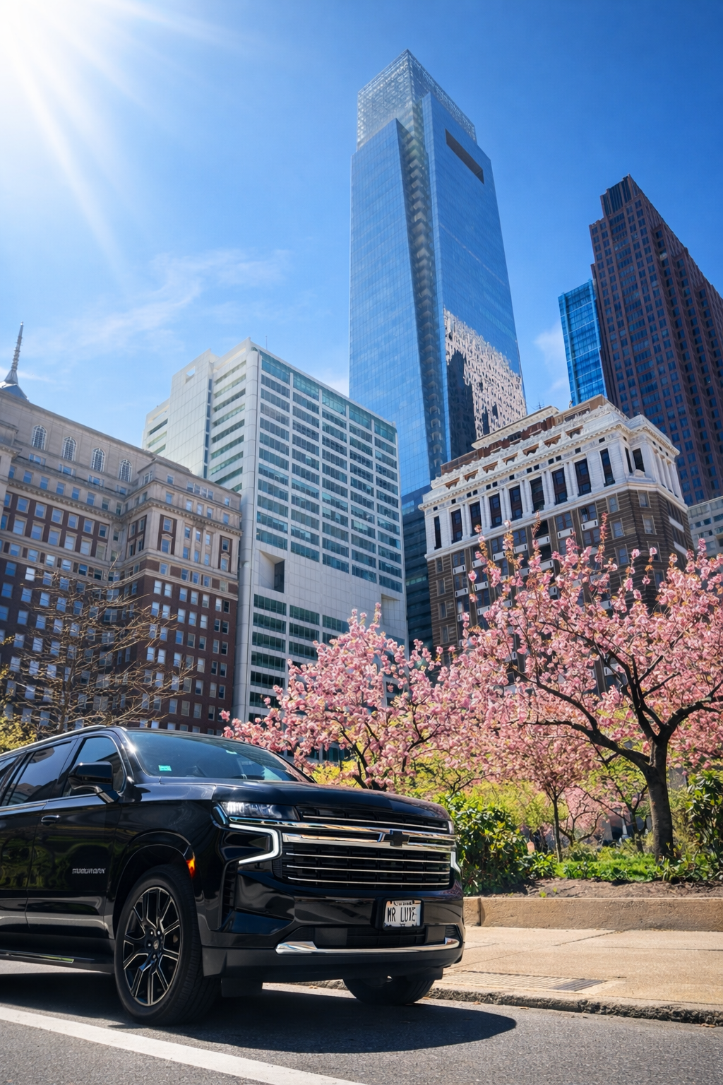 A black Chevrolet Suburban SUV parked on a city street with pink blossoming trees, surrounded by modern skyscrapers under a bright blue sky.