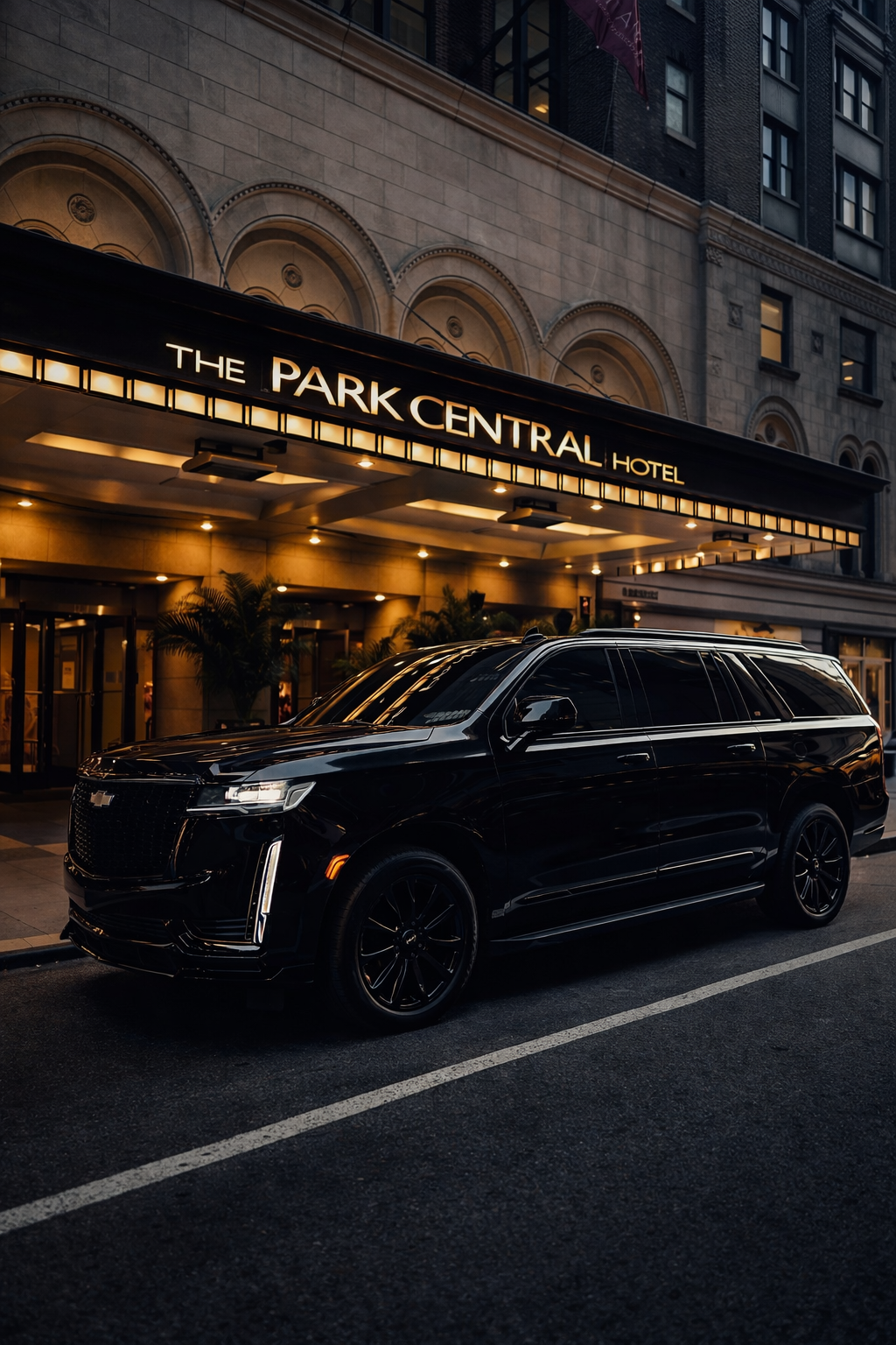A black luxury SUV parked in front of The Park Central Hotel during evening hours.