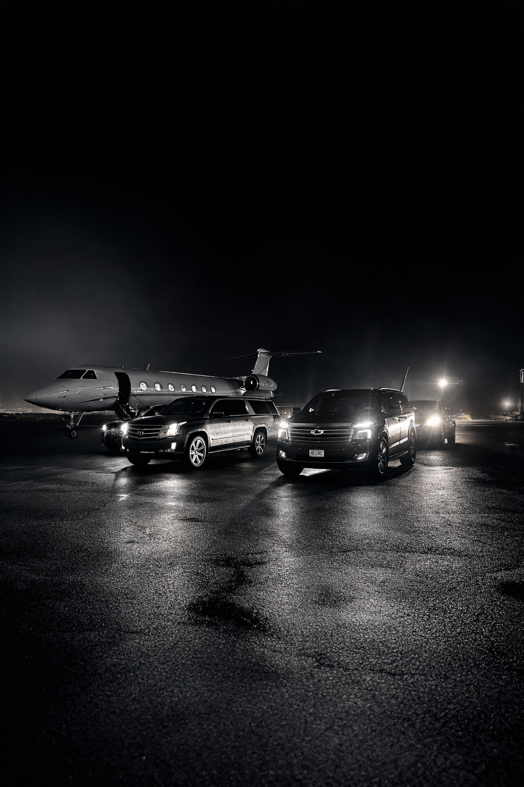 Night scene with SUVs and private jet on airport tarmac, illuminated by streetlights.