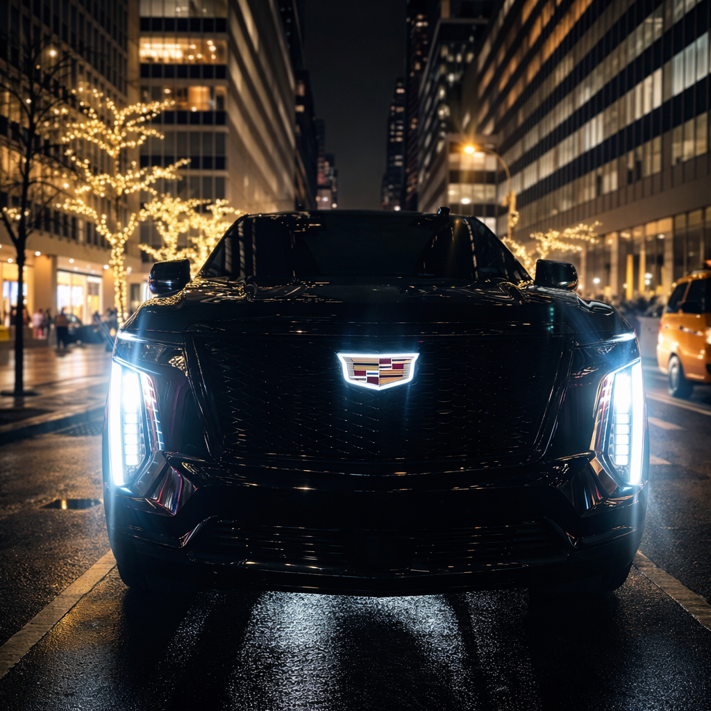 A black Cadillac SUV parked on a city street at night, illuminated by streetlights and decorated with Christmas lights on nearby trees.