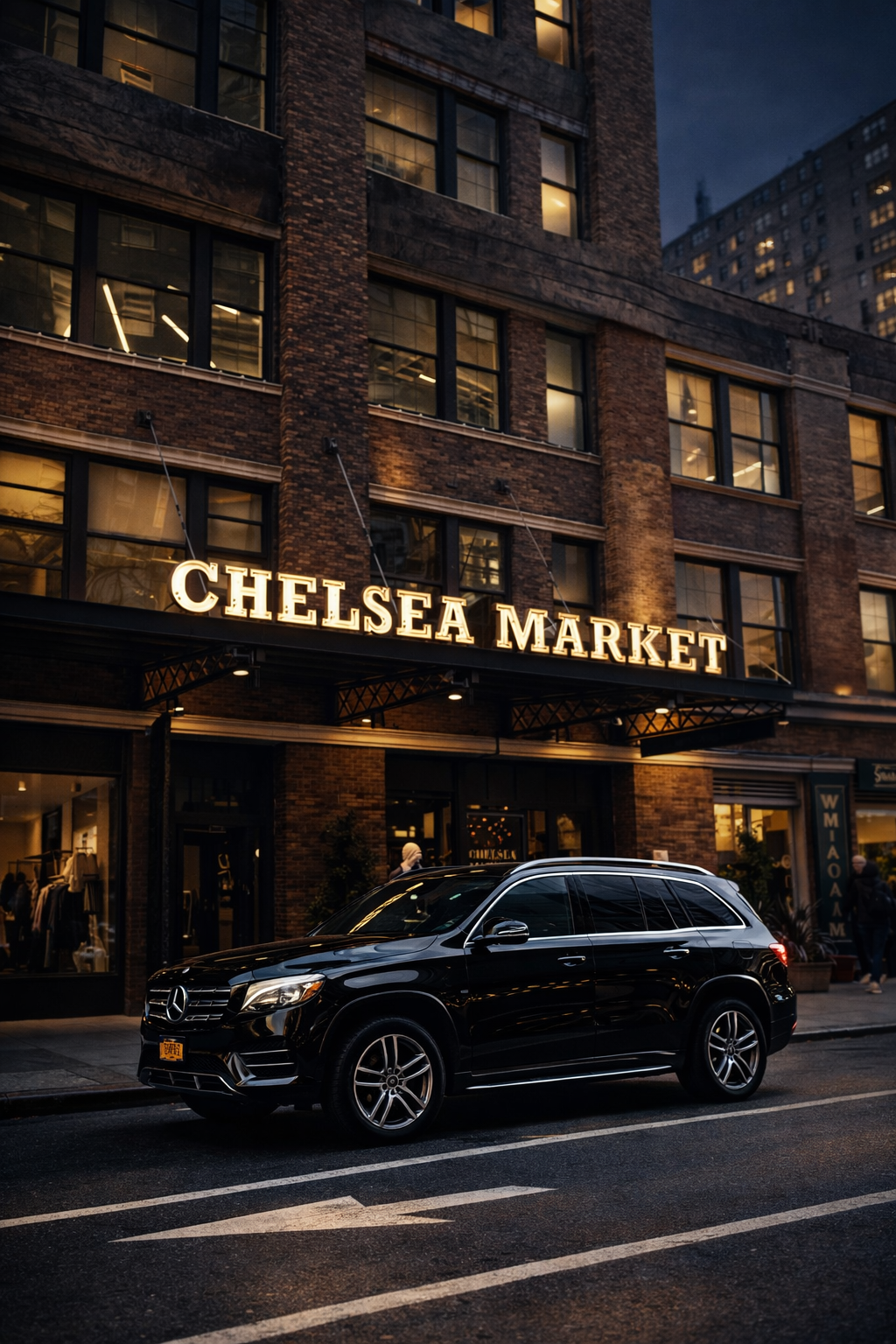 Nighttime scene in Chelsea with a parked black Mercedes SUV in front of the Chelsea Market building, which has a brick facade and glowing signage.