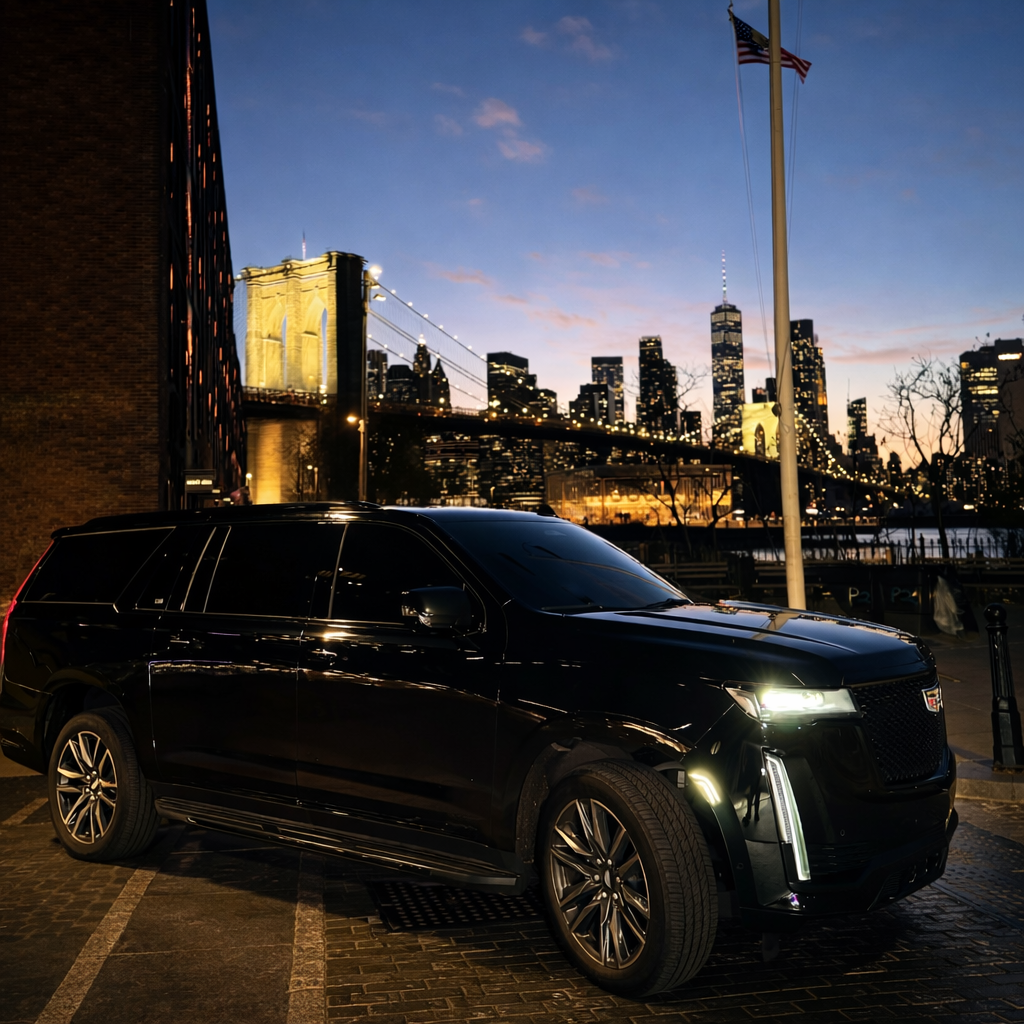 A black SUV parked on a city street at dusk with the skyline and Brooklyn Bridge illuminated in the background, an American flag on a pole nearby.