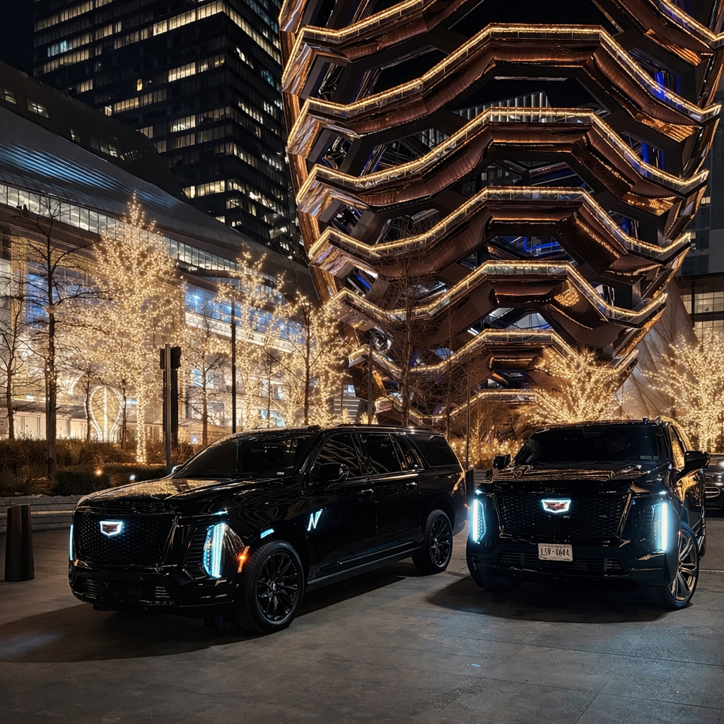 Two black Cadillac SUVs parked on a city street at night, illuminated by city lights and surrounded by decorated trees with white string lights, near a modern, multilevel outdoor staircase structure.