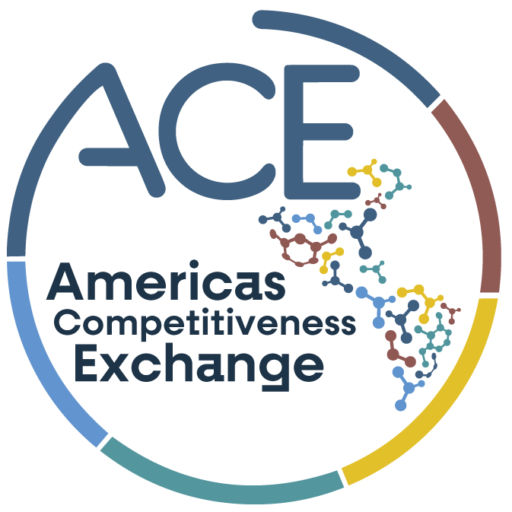 Logo of Americas Competitiveness Exchange featuring the word 'ACE' and a molecular structure design.