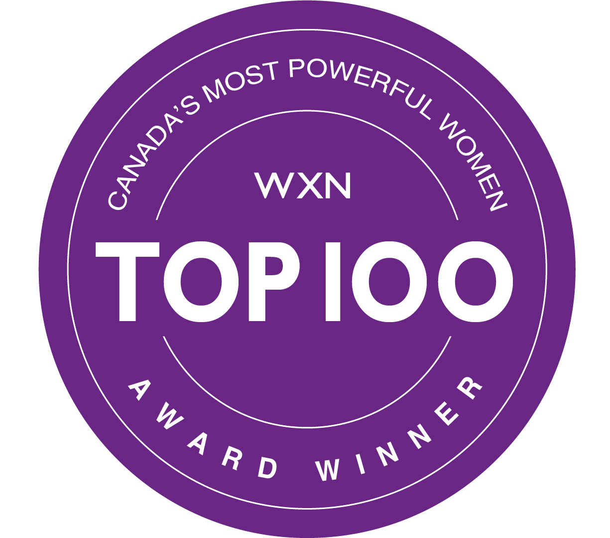 Purple award badge with white text that reads "CANADA'S MOST POWERFUL WOMEN," "A WARD WINNER," "WXN," and "TOP 100" in the center.